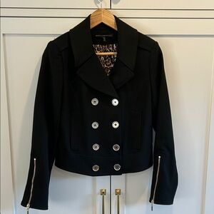 WHBM White House Black Market Black Military Short Blazer Buttons Print Lined XS